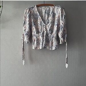 Abercrombie & Fitch Gray and Blue Floral Button-Front Peplum Blouse